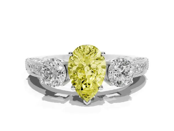 Fancy Yellow Pear Cut Three-Stone Diamond Ring with Pavé Band and Four-Prong Setting White gold