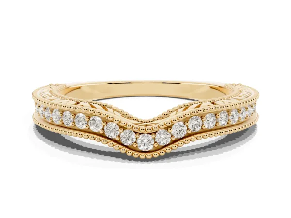 Pave Round Diamond Curved Milgrain Band Yellow gold