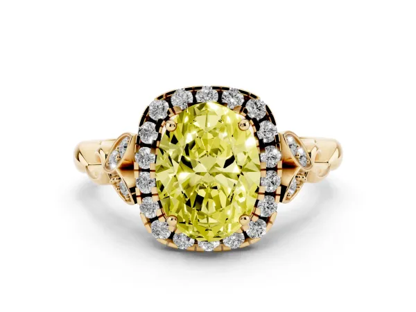 Fancy Yellow Oval Cut Halo Diamond Engagement Ring with Vintage-Inspired Band and Four-Prong Setting Yellow gold
