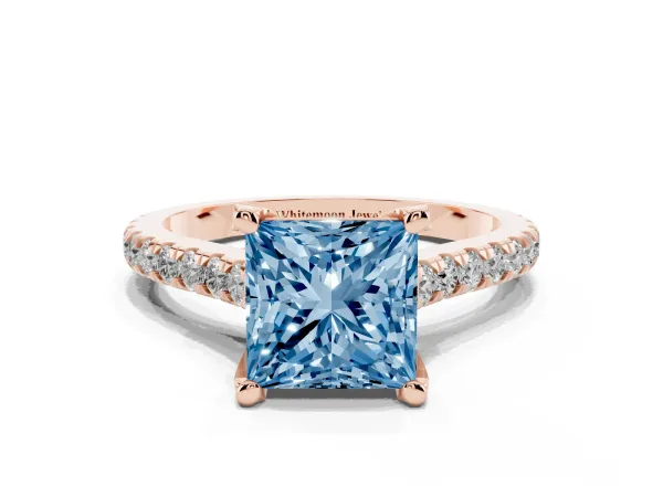 Fancy Blue Princess Cut Brilliant Diamond Solitaire with Pavé Band and Four-Prong Setting Rose gold