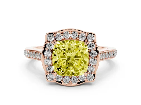 Fancy Yellow Cushion Cut Halo Round Diamond Pave Band with Four-Prong Setting Rose gold