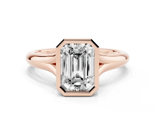 Bezel Set Emerald Cut Solitaire Diamond Ring with Smooth Band Rose gold