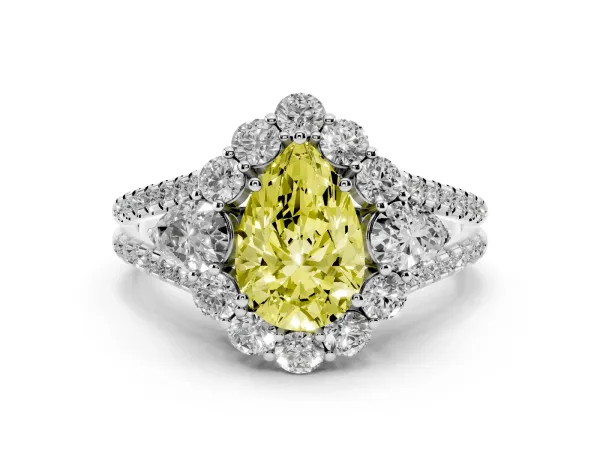 Fancy Yellow Pear Cut Halo Split Shank Diamond Engagement Ring with Prong Setting White gold