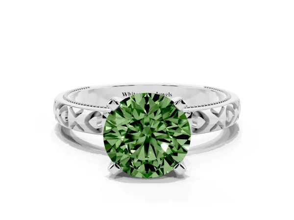 Fancy Green Round Cut Solitaire Diamond Engagement Ring with XO Engraved Band and Four-Prong Setting Platinum