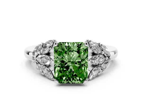 Fancy Green Radiant Cut Diamond Cluster Leaf Design Ring with Prong Setting Platinum