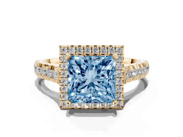 Fancy Blue Princess Cut Halo Pavé Diamond Engagement Ring with Four-Prong Setting Yellow gold
