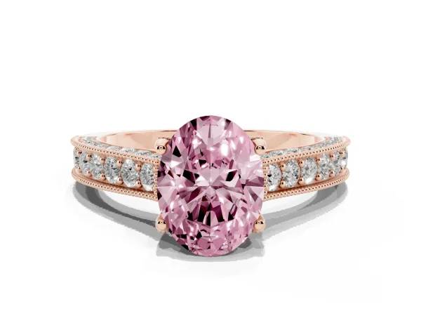 Fancy Pink Oval Cut Cut Diamond Solitaire Ring with Milgrain Pave Band and Four Prong Setting Rose gold