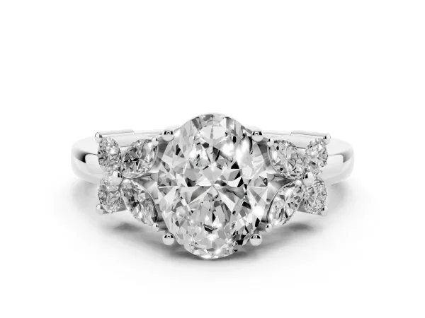 Oval Cut Diamond Floral Cluster Ring with Solitaire Band and Prong Setting White gold