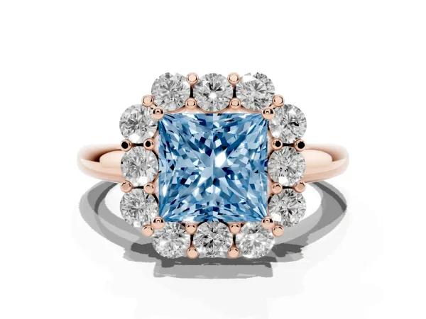 Fancy Blue Princess Cut Halo Milgrain Solitaire with Bezel Set Side Stones and Pave Band Rose gold
