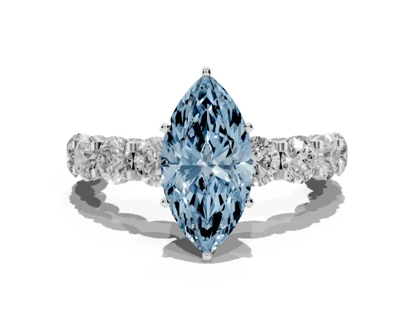 Fancy Blue Marquise Cut Diamond Side Stone Engagement Ring with Four-Prong Setting Platinum