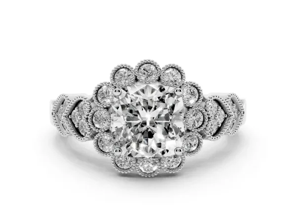 Cushion Cut Brilliant Milgrain Pave Heart Band Solitaire Ring White gold