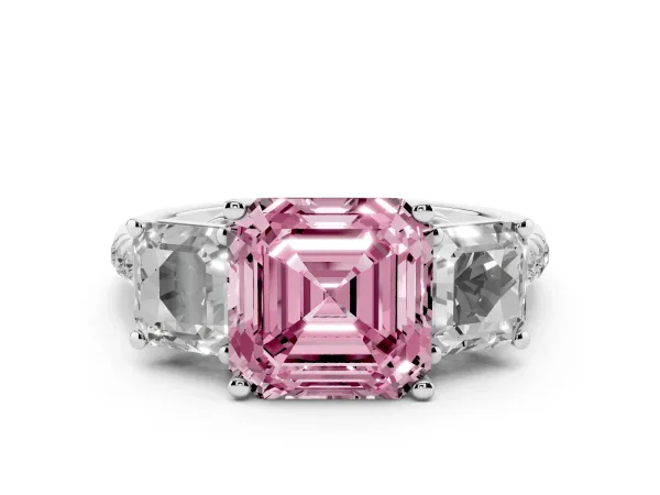 Fancy Pink Three-Stone Asscher Cut Diamond Ring with Round Pavé Band and Prong Setting White gold