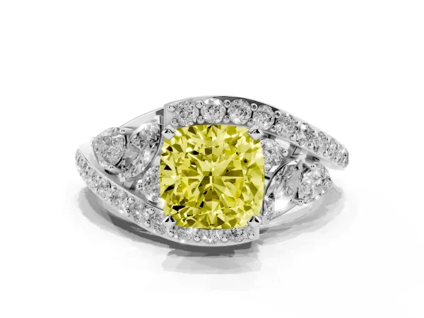 Fancy Yellow Cushion Cut Diamond Halo Ring with Marquise and Pavé Band in Prong Setting Platinum