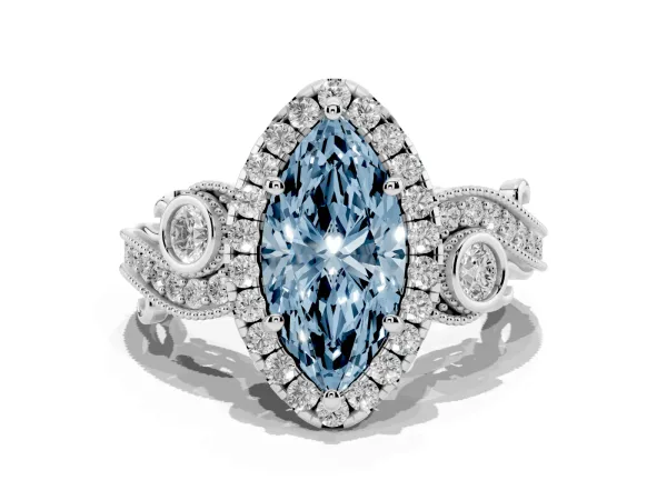 Fancy Blue Marquise Cut Diamond Halo Ring with Milgrain Pavé Band and Four-Prong Setting Platinum