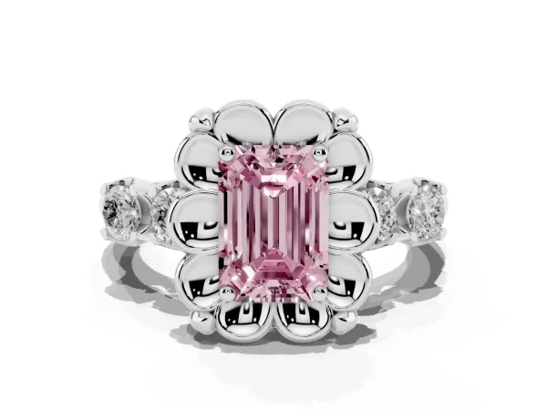 Fancy Pink Emerald Cut Cut Diamond Floral Halo Engagement Ring with Shared Prong Setting Platinum