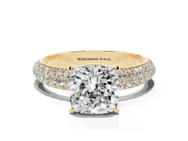 Cushion Cut Diamond Solitaire Ring with Prong Setting and Pavé Band Yellow gold