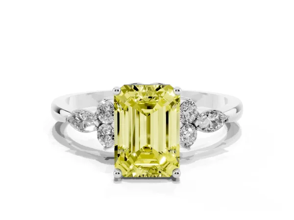 Fancy Yellow Emerald Cut Brilliant Diamond Solitaire Ring with Pear Side Stones and Four-Prong Setting Platinum
