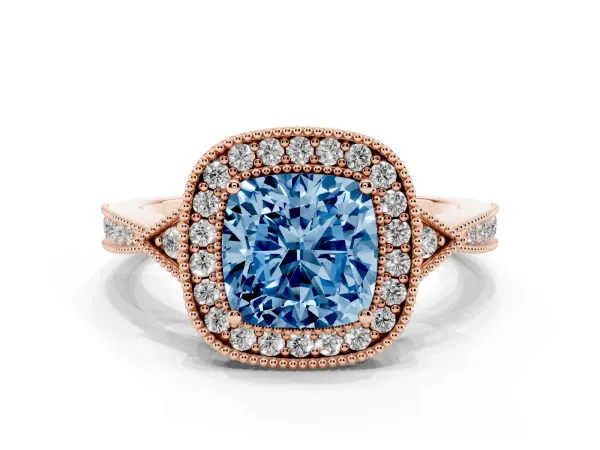 Fancy Blue Cushion Cut Halo Round Diamond Milgrain Pave Engagement Ring Rose gold