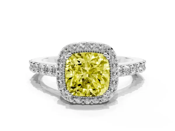 Fancy Yellow Cushion Cut Cut Diamond Halo Engagement Ring with Milgrain Detail and Pavé Band Platinum