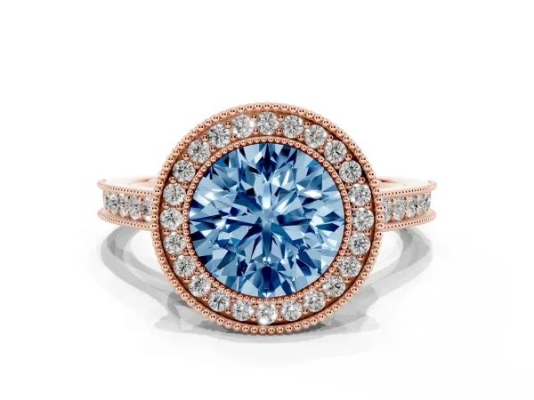 Fancy Blue Halo Round Cut-Cut Diamond Pave Band Milgrain Prong Setting Ring Rose gold