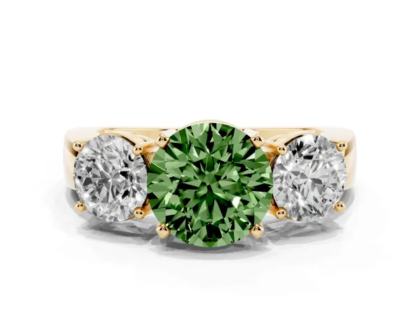 Fancy Green Three-Stone Round Cut Diamond Ring with Round Side Stones, Classic Band, and Four-Prong Setting Yellow gold