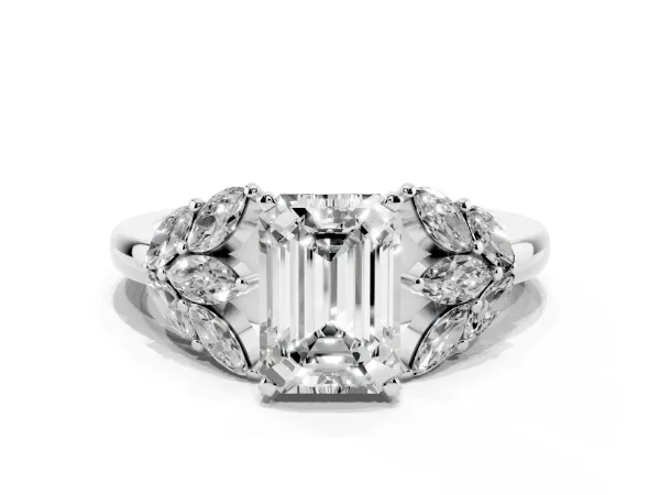 Emerald Cut Diamond Cluster Leaf Design Ring with Prong Setting Platinum