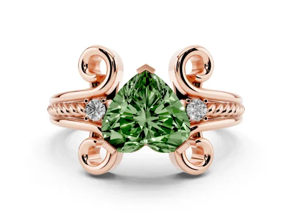 Fancy Green Heart Cut Solitaire Twisted Band Scroll Prong Ring Rose gold