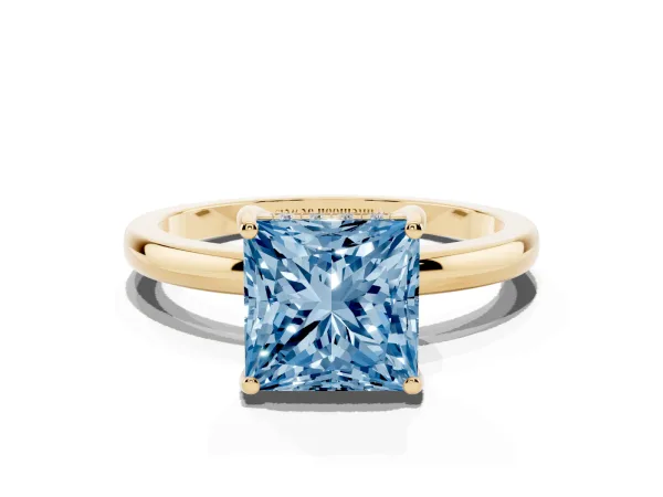 Fancy Blue Princess Cut Solitaire Diamond Ring with Prong Setting and Plain Band Yellow gold