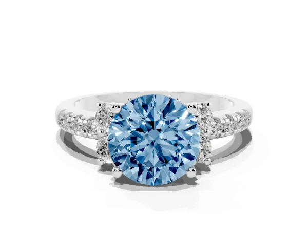 Fancy Blue Round Cut Diamond Three-Stone Pave Band with Four-Prong Setting Platinum