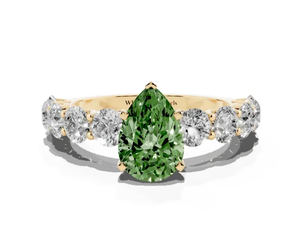 Fancy Green Pear Cut Diamond Prong Setting with Side Stones on a Pave Band Yellow gold