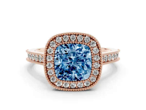 Fancy Blue Halo Cushion Cut-Cut Diamond Pave Band Milgrain Prong Setting Ring Rose gold