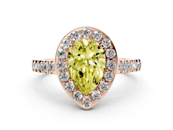 Fancy Yellow Pear Cut Diamond Halo Ring with Round Pavé Split Shank and Prong Setting Rose gold