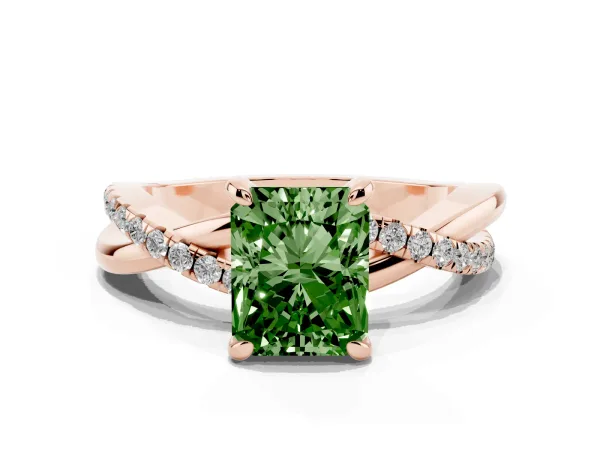Fancy Green Radiant Cut Cut Diamond Twist Band Solitaire with Prong Setting Rose gold