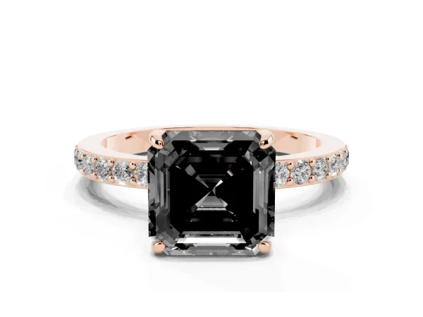 Fancy Black Asscher Cut Diamond Solitaire Engagement Ring with Pavé Band and Four-Prong Setting Rose gold