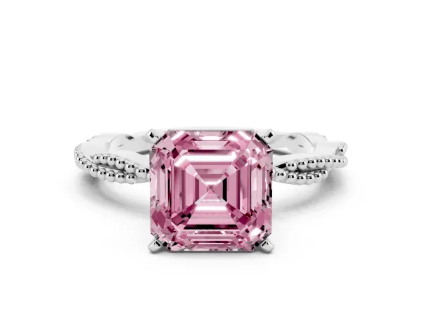Fancy Pink Asscher Cut Solitaire Twisted Band with Bead Prong Setting Platinum