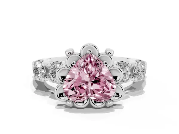 Fancy Pink Heart Cut Cut Diamond Floral Halo Engagement Ring with Shared Prong Setting Platinum