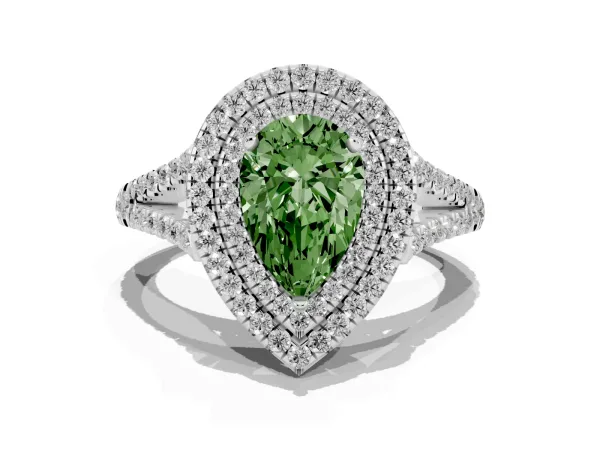 Fancy Green Pear Cut Diamond Double Halo Ring with Pavé Band and Prong Setting Platinum