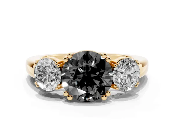 Fancy Black Three-Stone Round Cut Cut Diamond Ring with Channel Set Band and Four-Prong Setting Yellow gold