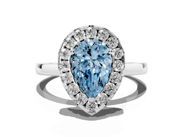 Fancy Blue Pear Cut Halo Diamond Solitaire with Pavé Band and Four-Prong Setting Platinum