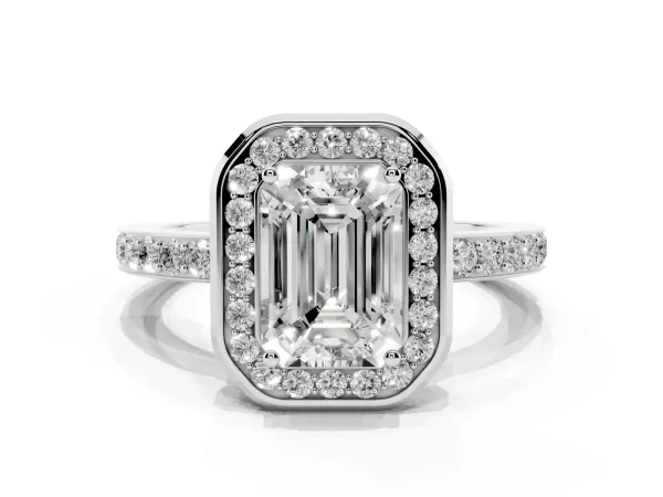 Emerald Cut Diamond Halo Ring with Bezel Frame and Pavé Band White gold