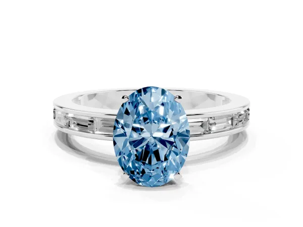 Fancy Blue Oval Cut Solitaire Diamond Ring with Channel-Set Baguette Band and Four-Prong Setting Platinum