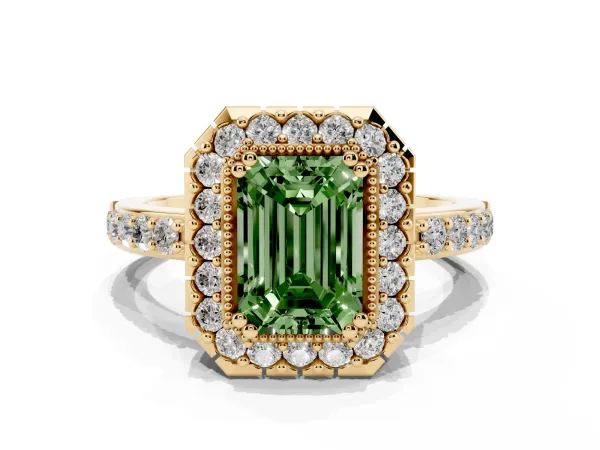 Fancy Green Emerald Cut Diamond Halo Ring with Pavé Band and Prong Setting Yellow gold