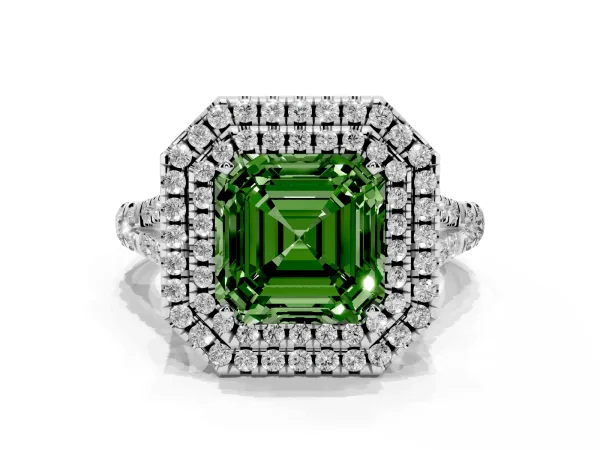 Fancy Green Asscher Cut Diamond Pavé Split Shank Double Halo Engagement Ring Platinum