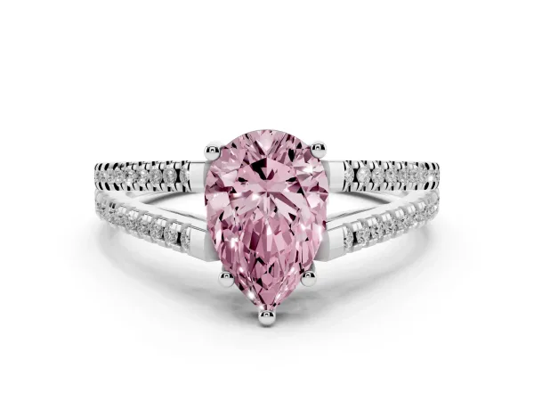 Fancy Pink Pear Cut Diamond Solitaire Engagement Ring with Split Shank Pavé Band White gold