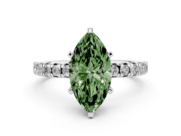 Fancy Green Marquise Cut Diamond Solitaire Pavé Engagement Ring with Round Band and Prong Setting Platinum