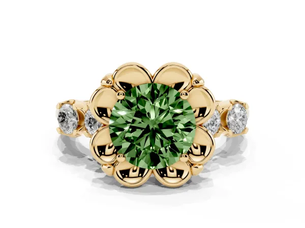 Fancy Green Round Cut Cut Diamond Floral Halo Engagement Ring with Shared Prong Setting Yellow gold