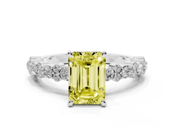 Fancy Yellow Emerald Cut Diamond Side Stone Solitaire Ring with Round and Four-Prong Setting White gold