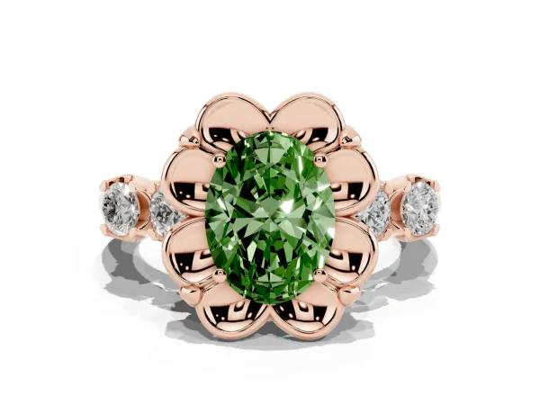 Fancy Green Oval Cut Cut Diamond Floral Halo Engagement Ring with Shared Prong Setting Rose gold