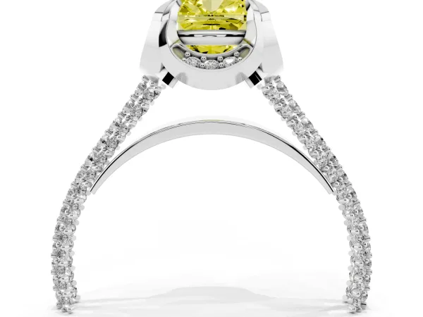 Fancy Yellow Cushion Cut Solitaire Pave Split Shank Ring with Four-Prong Setting White gold