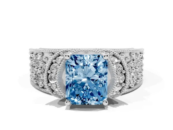 Fancy Blue Radiant Cut Halo Pave Diamond Engagement Ring with Milgrain Detailing White gold